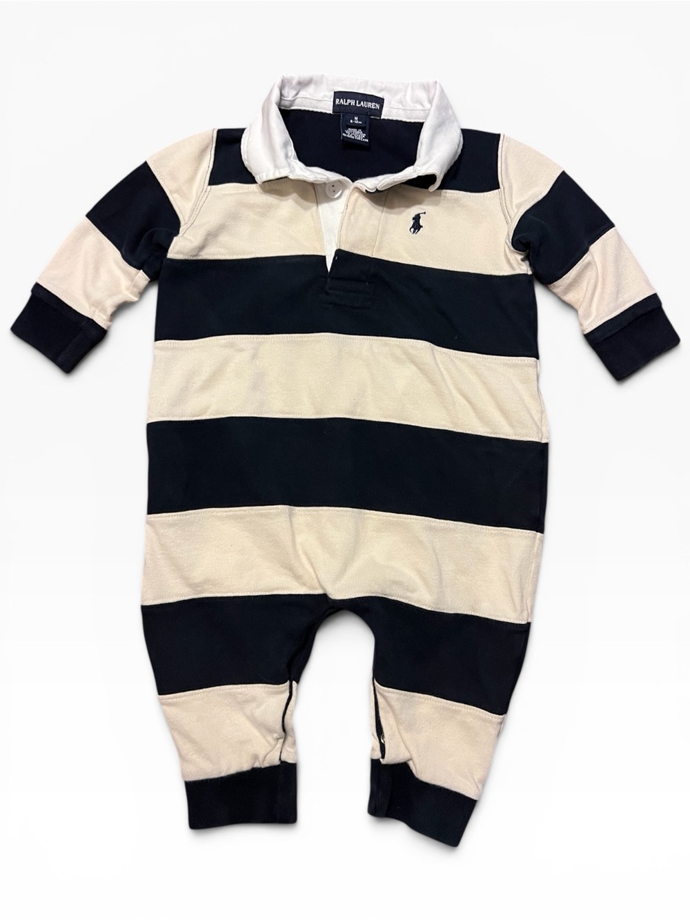 Ralph Lauren Baby Rugby Romper 6-12M Navy Cream Stripe Long Sleeve One-Piece